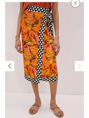 Farm Rio For Anthropologie Orange bead Banana Print Wrap Midi Skirt XL Viscose